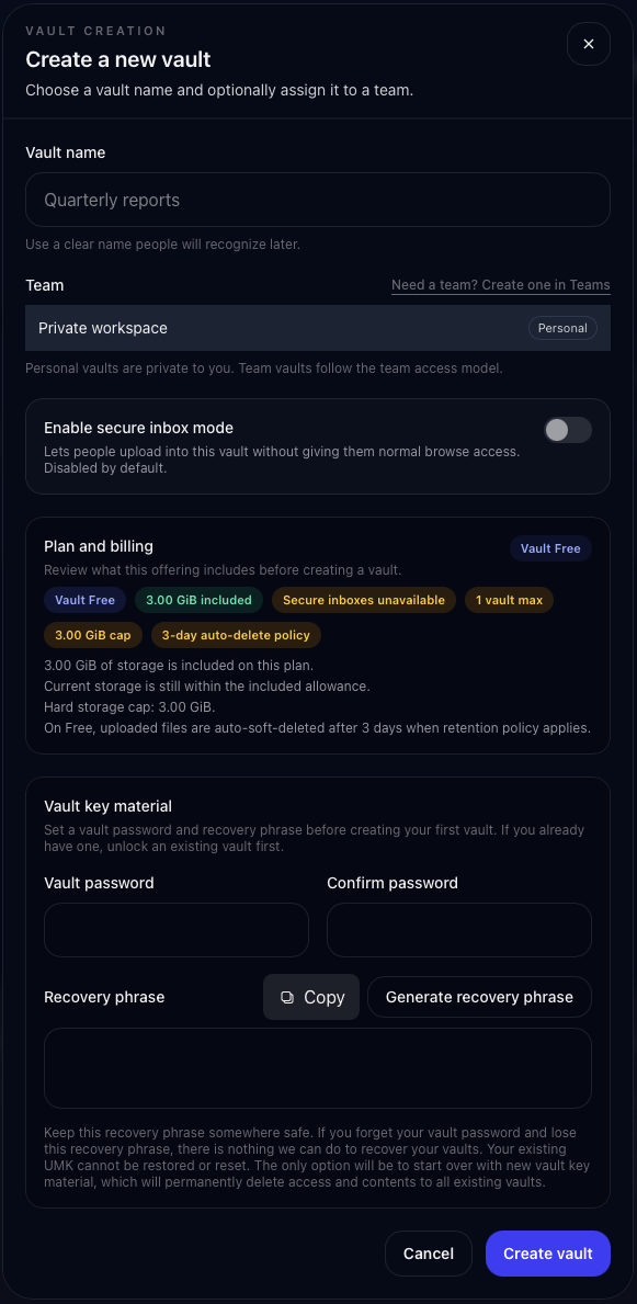 New Vault dialog with vault name, team choice, and secure inbox toggle.