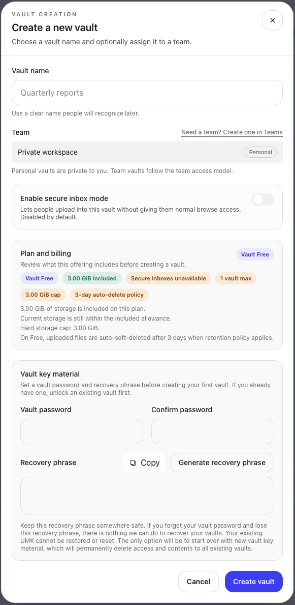 New Vault dialog with vault name, team choice, and secure inbox toggle.