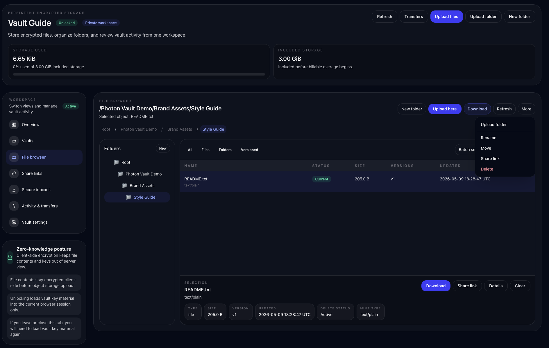 Vault browser with Upload, New folder, and Download actions highlighted.
