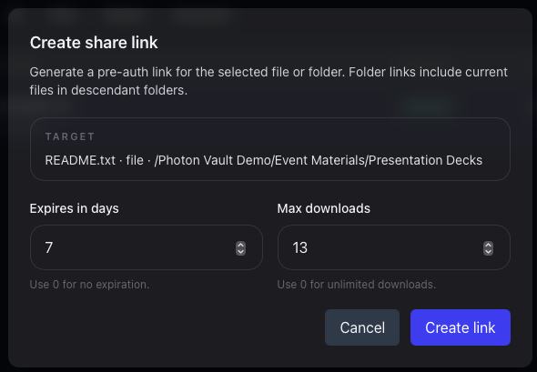 A selected file with the Create share link action highlighted.
