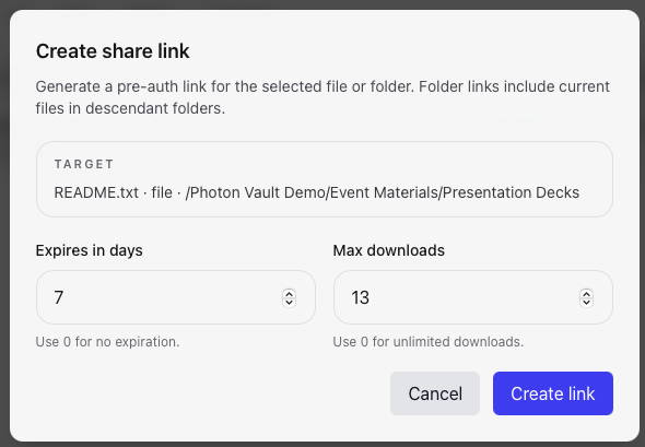 A selected file with the Create share link action highlighted.