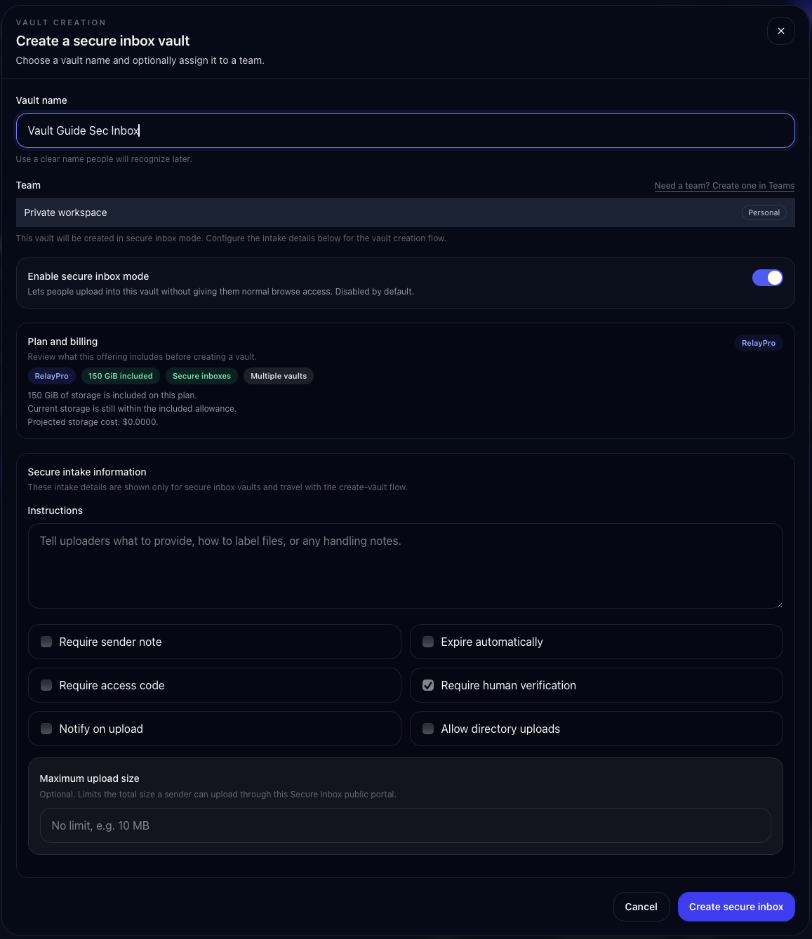 New Vault dialog with Enable Vault Intake mode and intake controls visible.