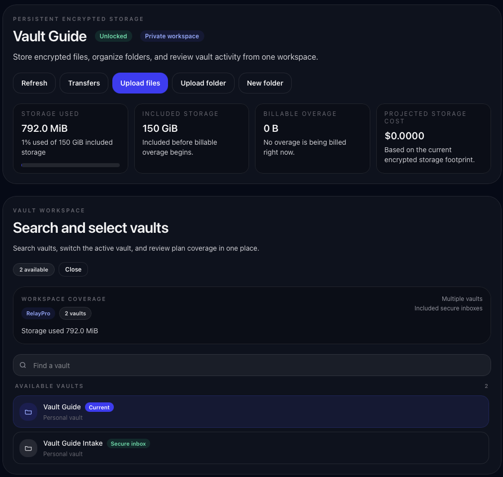 Vault storage summary showing plan, included storage, current usage, and Secure Inbox availability.