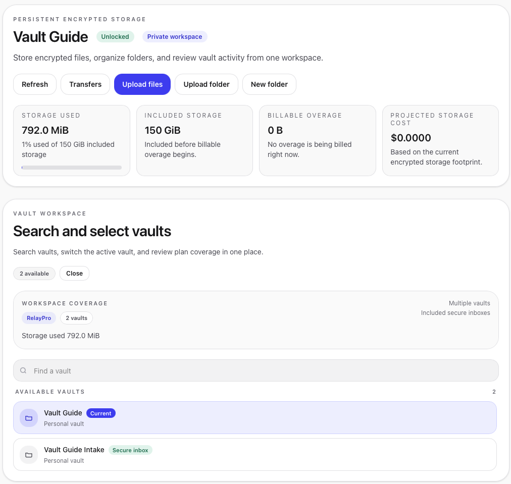 Vault storage summary showing plan, included storage, current usage, and Secure Inbox availability.