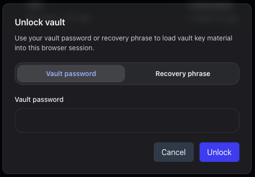 Vault unlock dialog with passphrase and recovery-key options.