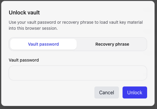 Vault unlock dialog with passphrase and recovery-key options.